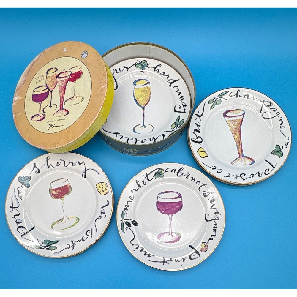 Vintage Rosanna "Votre Santé" Wine Ceramic Plates - Set of 4 with Original Box